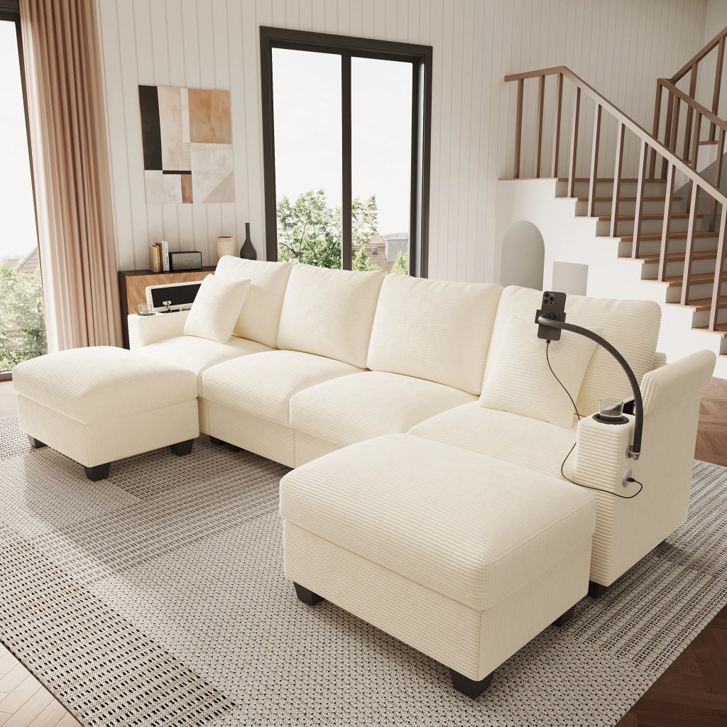 Divano panoramico convertibile 275;5 x 139 x 87 cm; a forma di U; modulare; porta telefono; porta USB; velluto a coste; beige