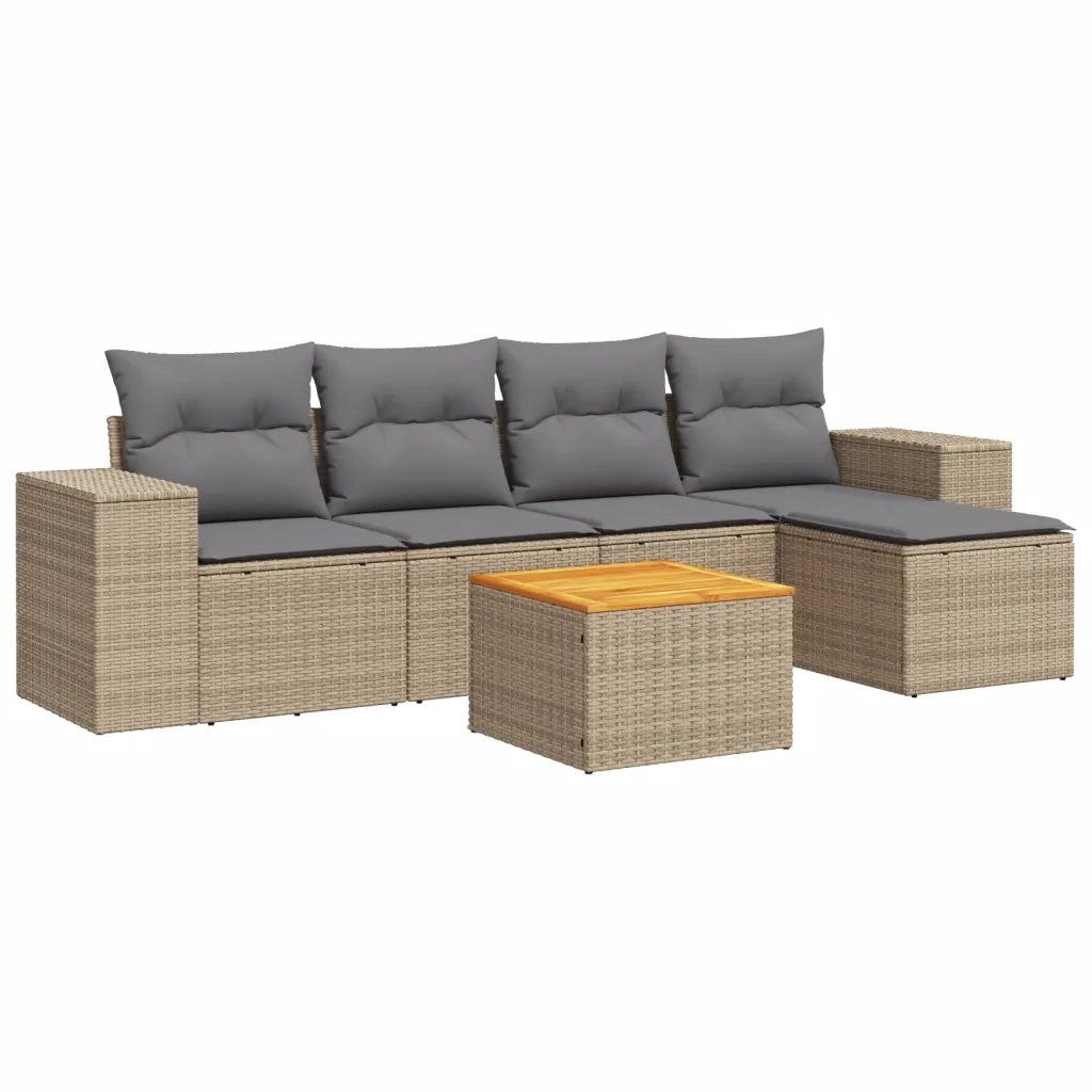 Set Divano da Giardino 6 pz con Cuscini Beige in Polyrattan