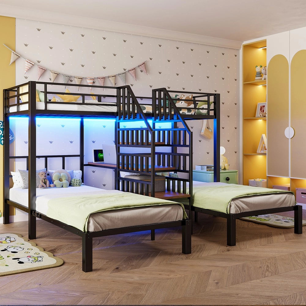 Letto a Castello 3 Posti con Scrivania e Scaffale ¨C Xylo ¨C Nero, LED, USB, 90x200