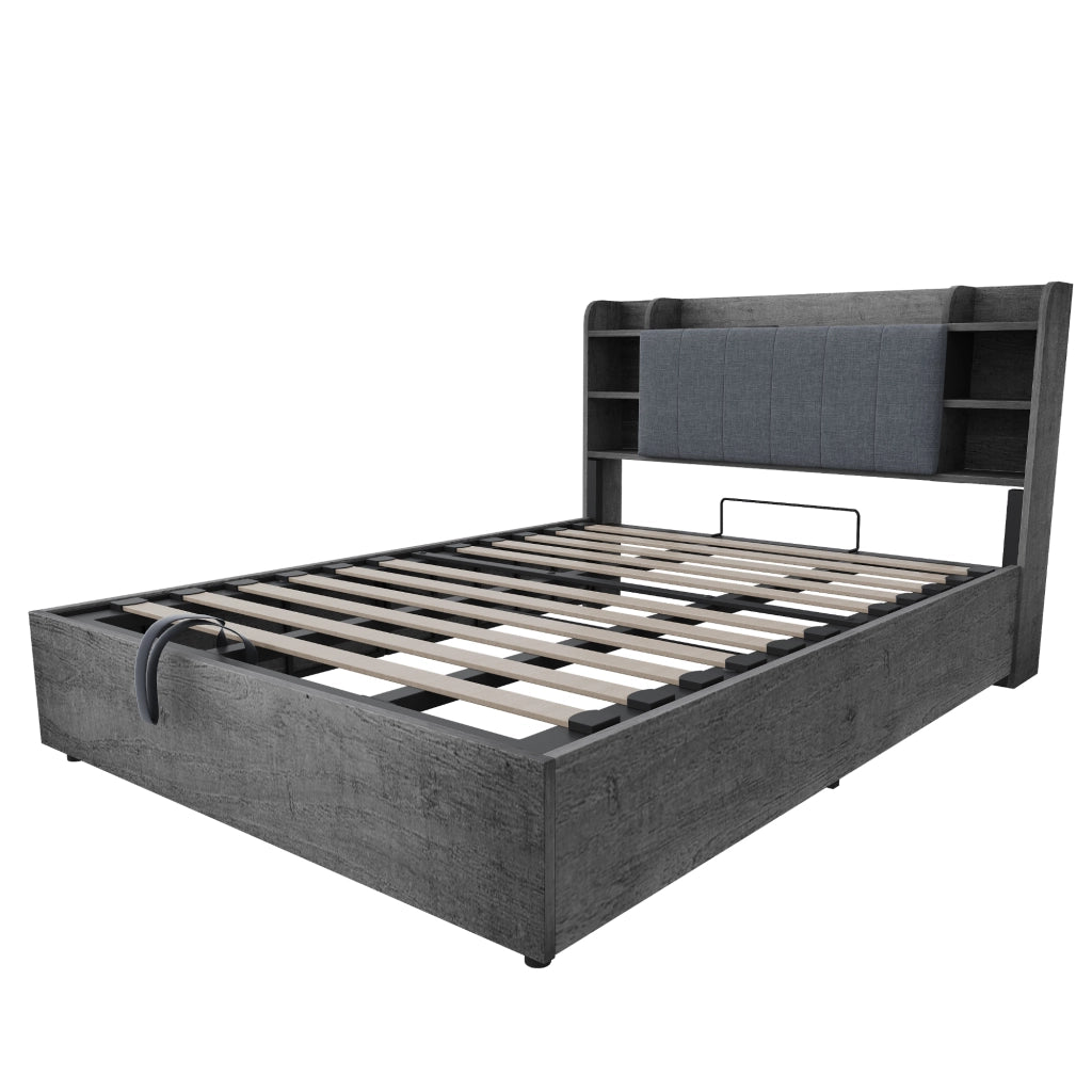 Letto contenitore 180x200 cm grigio con testiera a vani e porte USB e USB-C