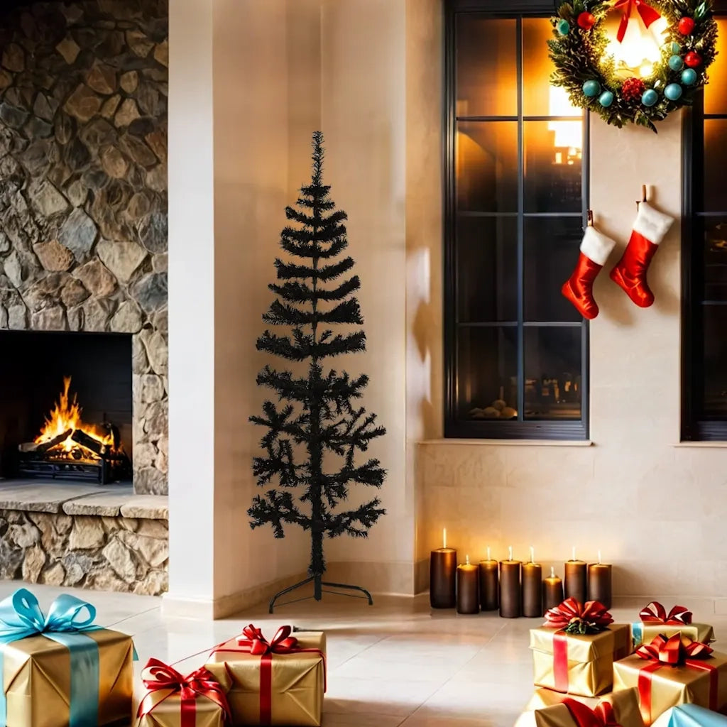 Albero Natale Artificiale Sottile a Met¨¤ e Supporto-Albero Natalizio Nero 150 cm
