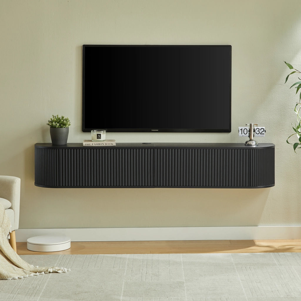 Mobile TV sospeso a parete con ante scanalate; passacavi e chiusura ammortizzata nero 180 × 32 × 30 cm