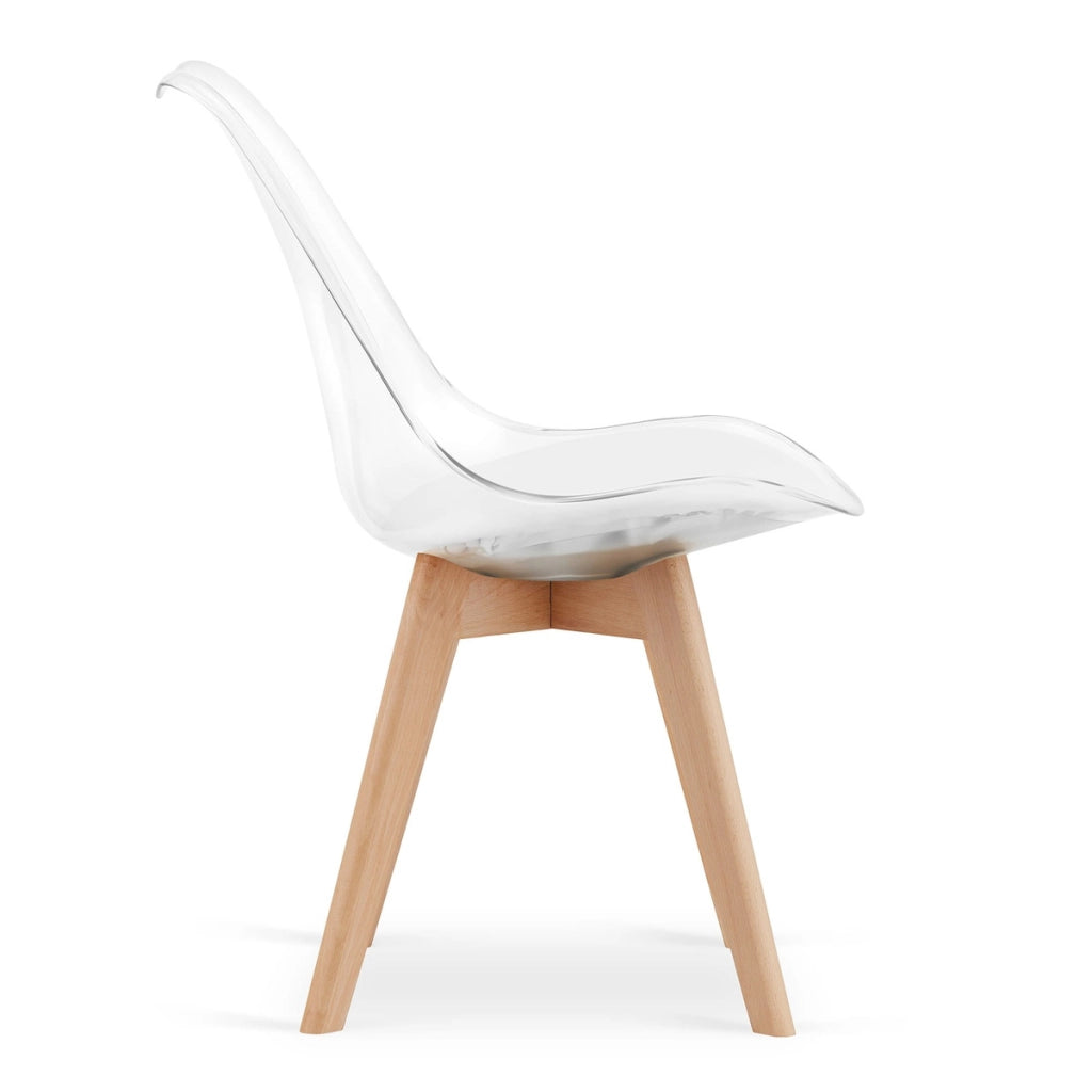 Sedia Mark trasparente con cuscino bianco e gambe in faggio