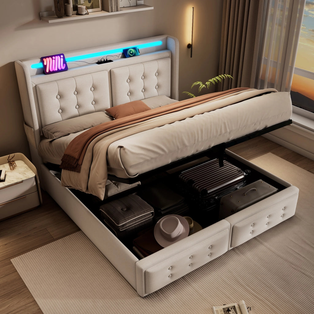Letto matrimoniale imbottito 140x200 cm beige con contenitore