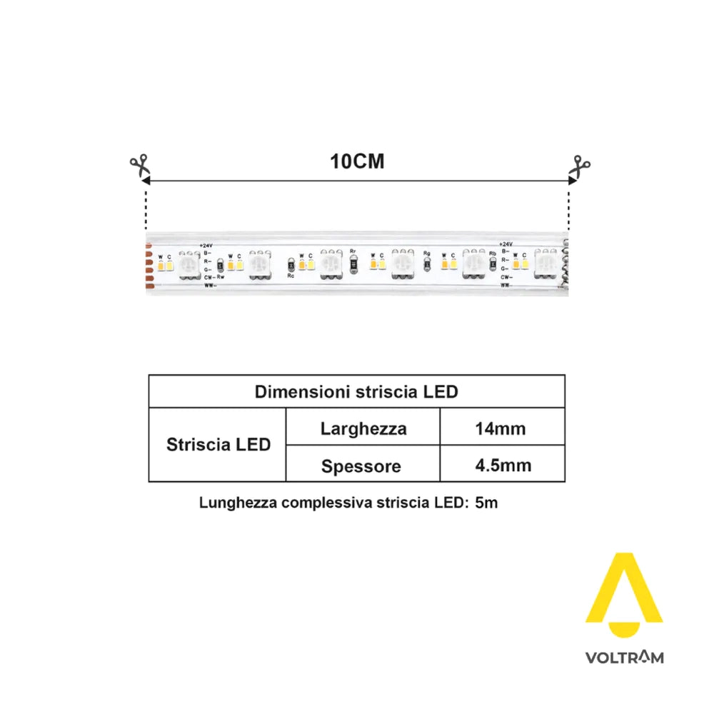 Striscia LED CCT 24V 5m tagliabile ogni 10cm 20W/m multicolore + luce 2700K-6500K IP67