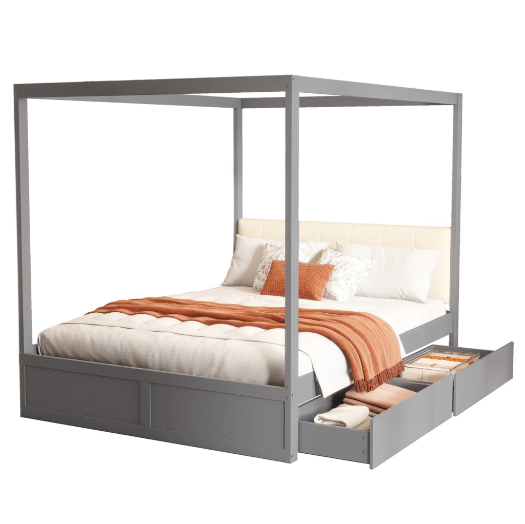 Letto 140x200 cm con 2 cassetti e schienale imbottito in legno