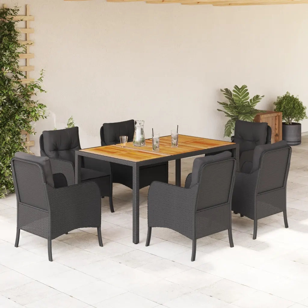 Set da Pranzo da Giardino 7 pz Nero con Cuscini in Polyrattan