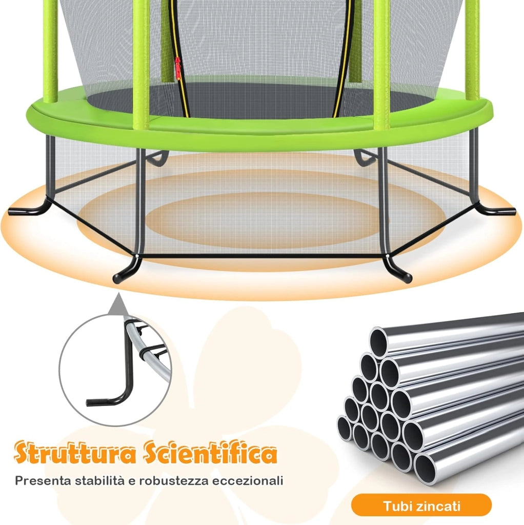 Trampolino Elastico Bambino in Acciaio, Tappeto Elastico Bambini da Esterno e da Interno, con Rete e Cusicnetti Antiscivolo（Verde)
