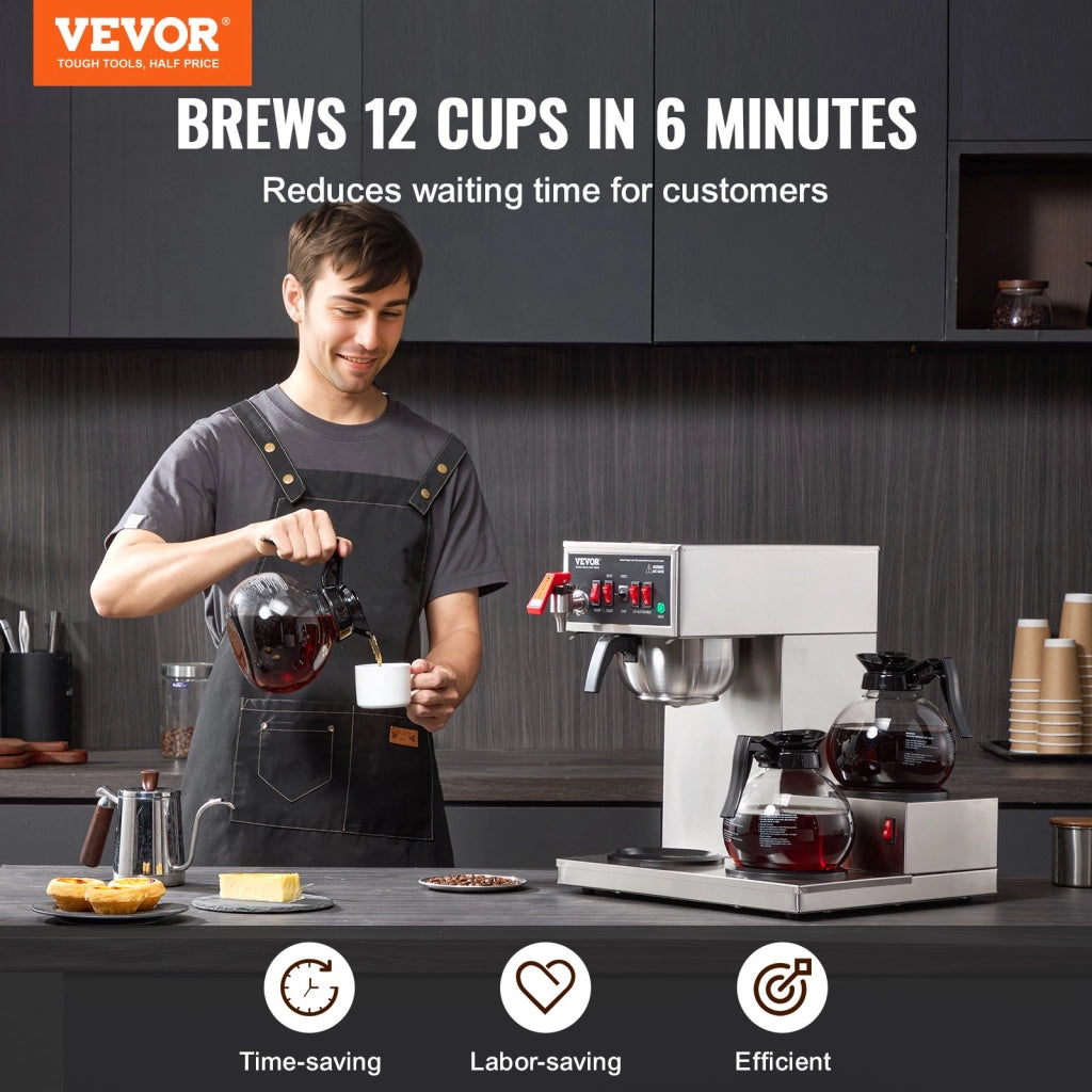 Macchina da Caffè con Filtro Commerciale in Acciaio Inox FRB-286-BD3, 12 Tazze, con 3 Caraffe in Vetro e 3 Piastre Riscaldanti per Ufficio e Bar