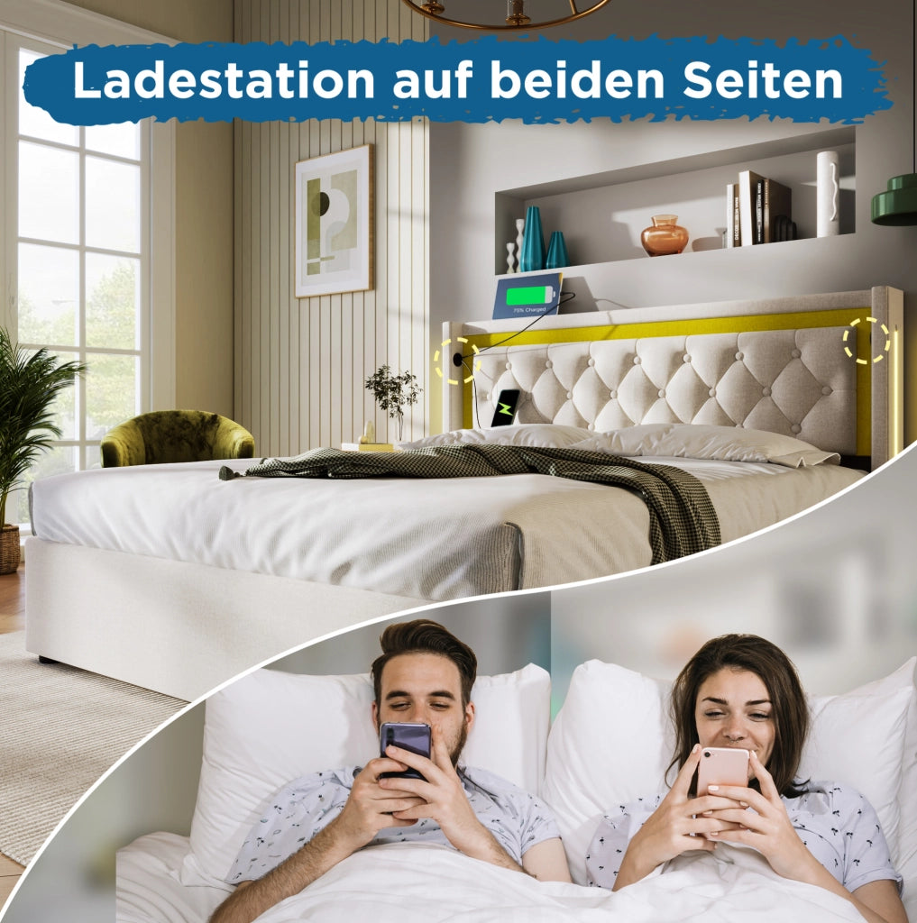 Letto matrimoniale imbottito 140x200 cm con LED, USB e Type-C, contenitore, beige chiaro