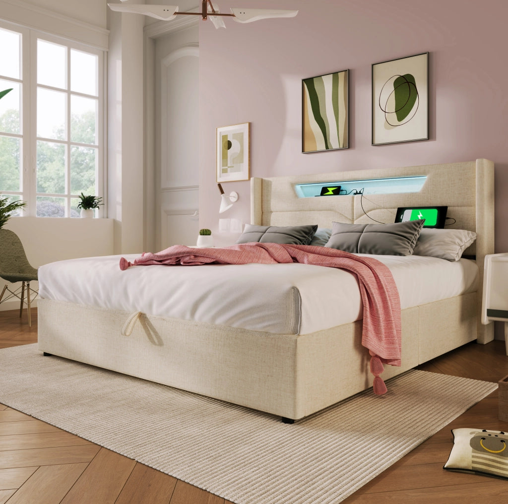 Letto matrimoniale imbottito 140x200 cm in lino beige con LED, USB e Type-C