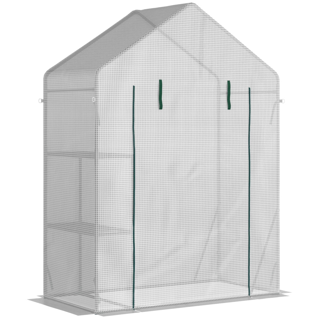 Serra da Giardino in PE e Acciaio per Esterni con 2 Scaffali e Porta Avvolgibile, 143x73x195 cm, Bianco