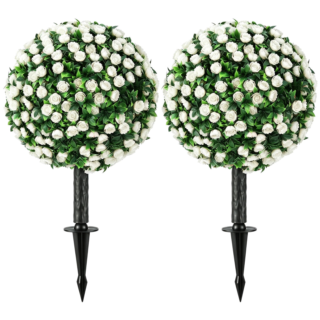 Set di 2 Rose Artificiali 55 cm da Esterno Sfere di Rose Finte in PE Resistente UV Bianco per Giardino ed Ingresso