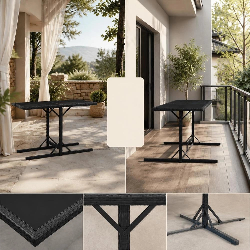 Garden Table Black 110x53x72 Cm Glass And Poly Rattan