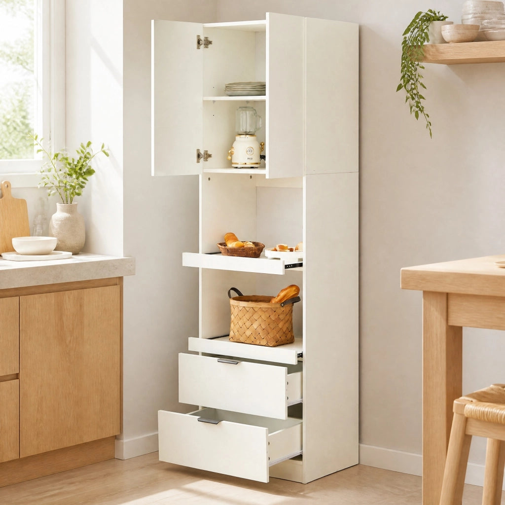 Mobile dispensa da cucina 200 cm con 2 cassetti e vani aperti; bianco