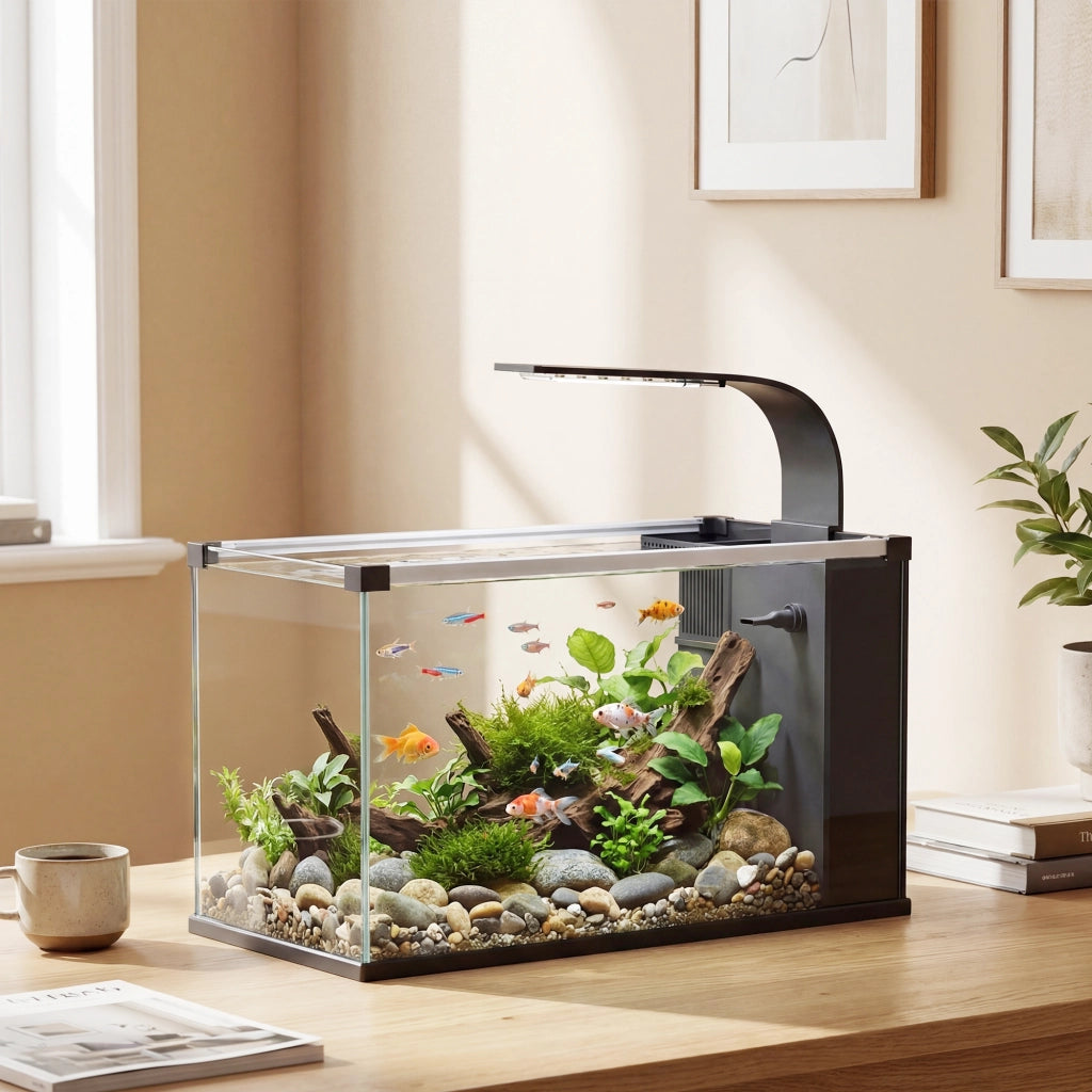 Acquario 45x25x25,5 cm Capacità 24L con Filtro Luce LED e Pompa dell'Acqua in Vetro Temperato Nero