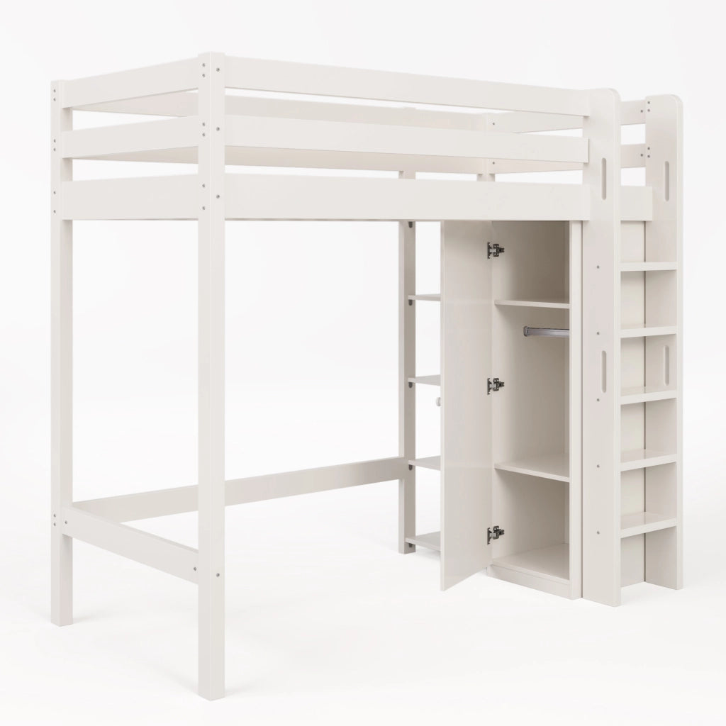 Letto a soppalco per bambini 90x200 cm; bianco con armadio e 6 scaffali