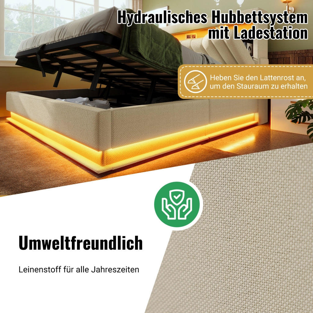 Letto contenitore 180x200 cm con LED; testiera a ripiani; 3 USB e Type-C; tessuto beige