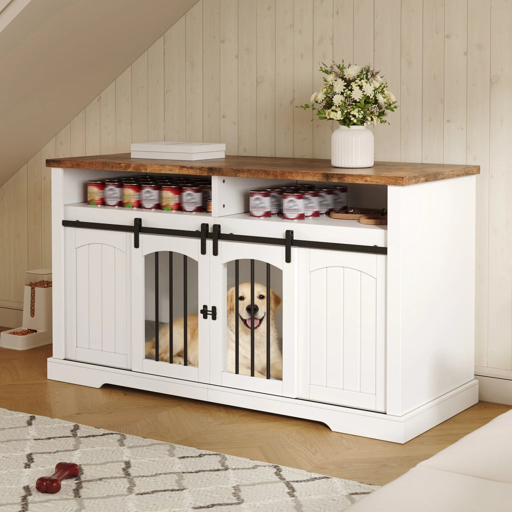 Gabbia per cani con porte scorrevoli e divisorio rimovibile, mobile contenitore in MDF e metallo bianco
