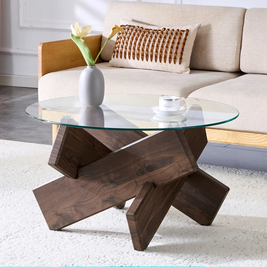 TAVOLINO rotondo 79 cm MDF e vetro trasparente effetto noce