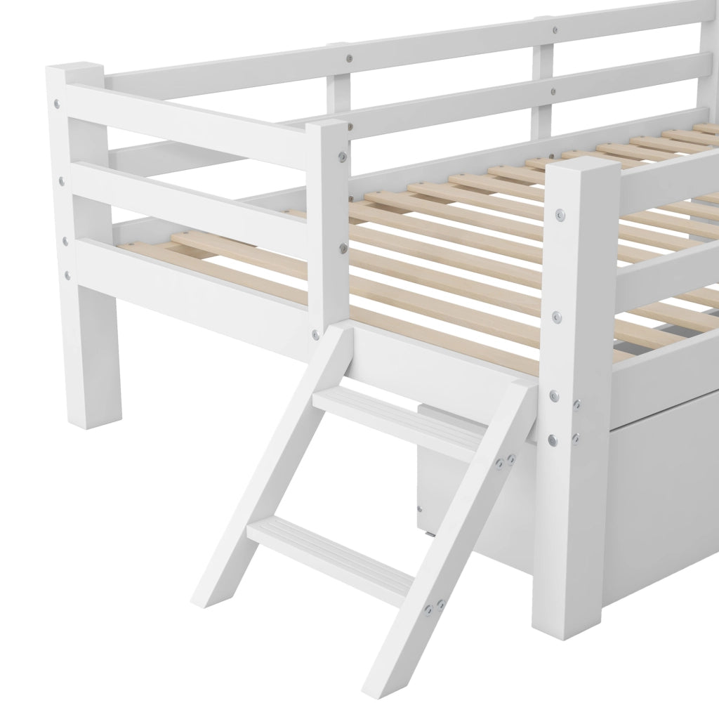Letto a piattaforma 90x200 cm con sponde; 2 cassetti; MDF e compensato; bianco