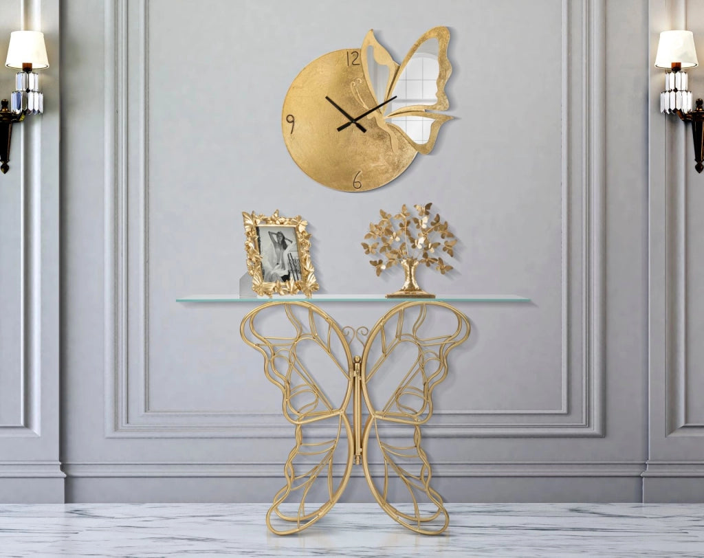 Console Butterfly 110x40x76 cm in Ferro e Vetro Oro