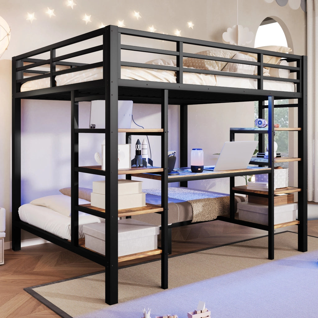 Letto a castello 90 × 200 cm e 140 × 200 cm in metallo e MDF nero con ripiani LED USB e Type-C