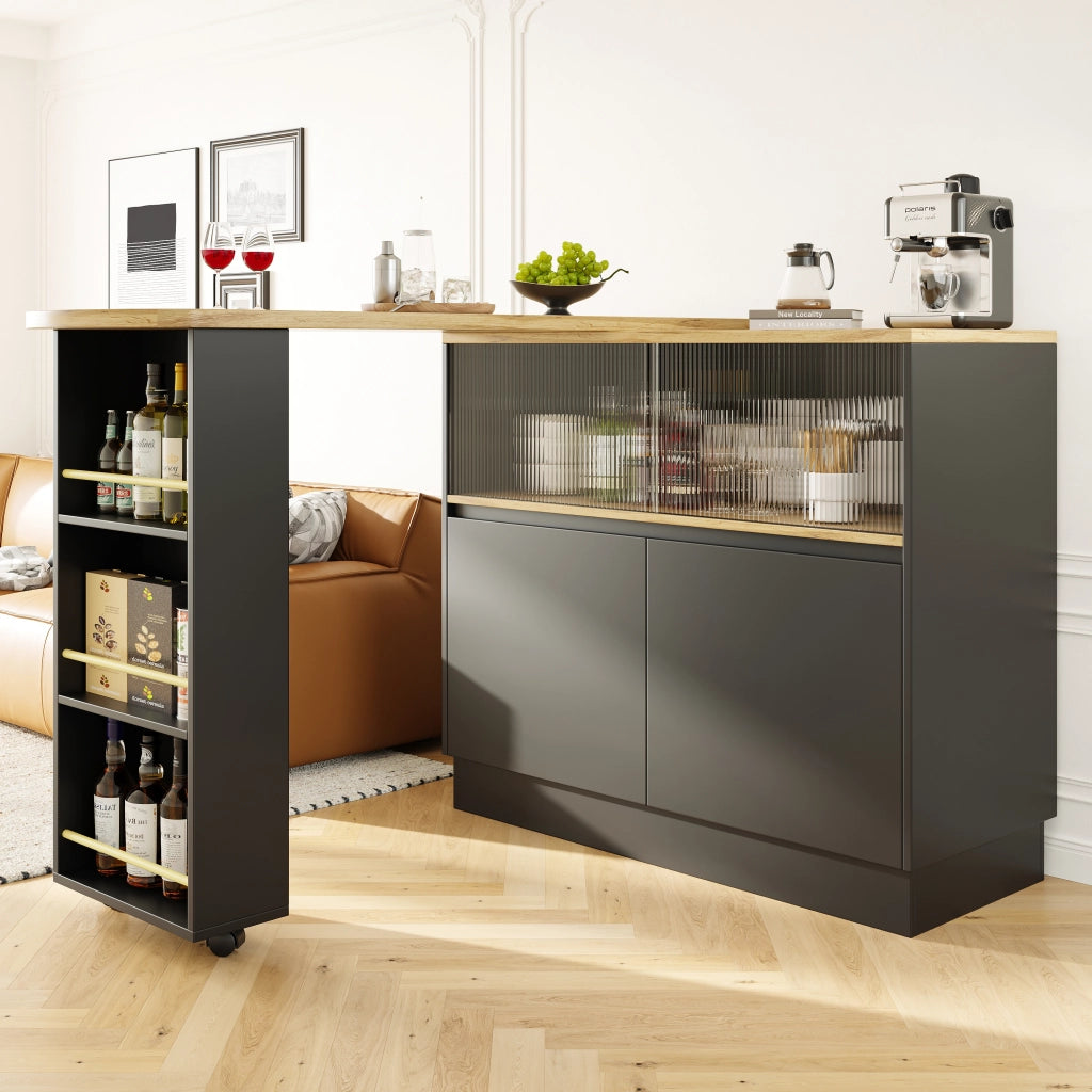 Isola cucina girevole a 360 gradi in MDF nero 90 x 45 x 100 cm con piano effetto legno e vetro