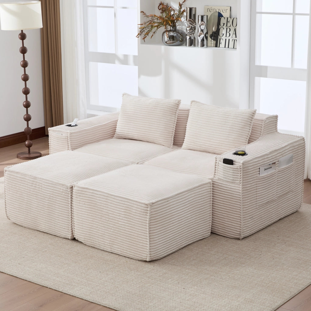 Divano modulare 2 posti corduroy con pouf, porta bicchieri e tasche, beige
