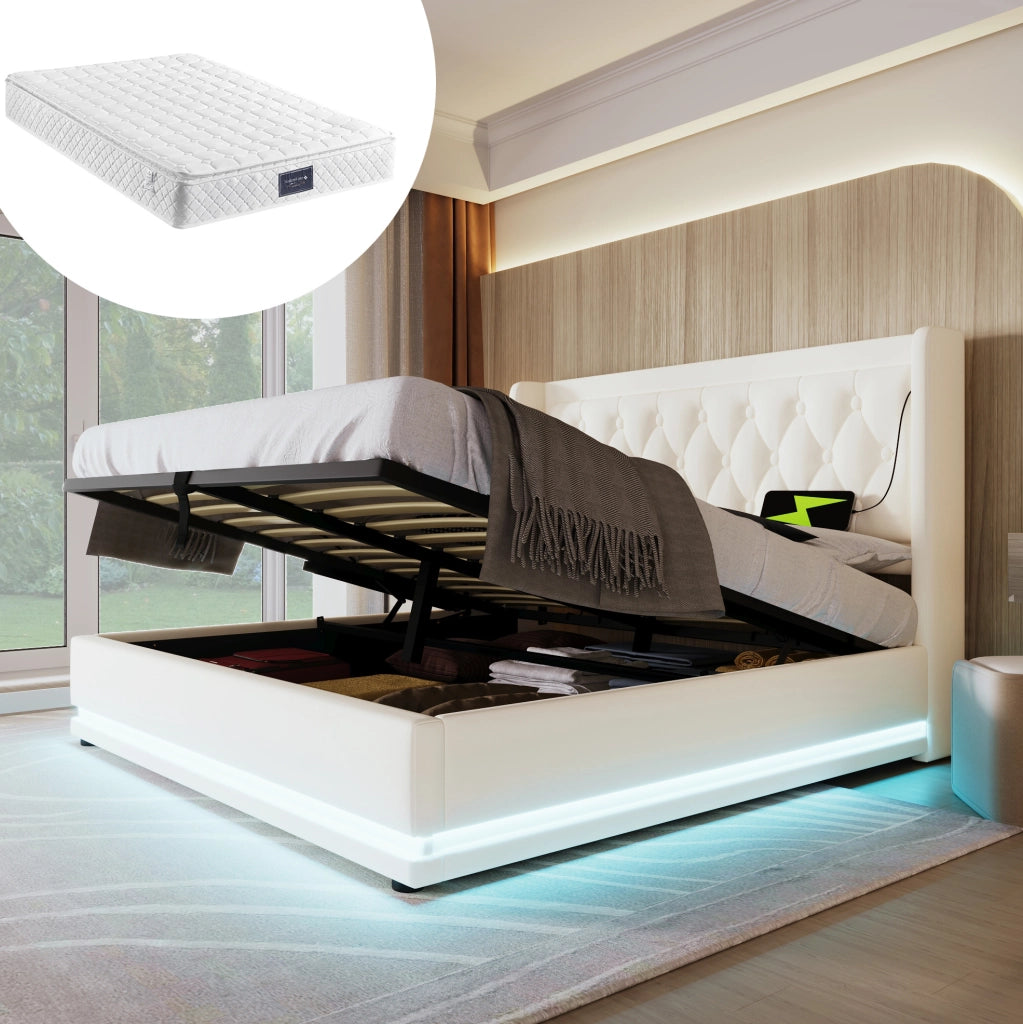 Letto contenitore imbottito 160x200 cm in PU bianco con LED e USB Type-C