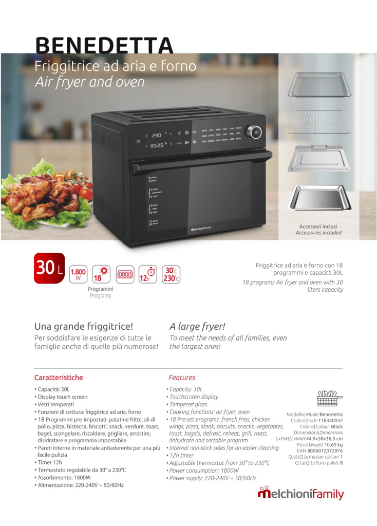 Friggitrice ad Aria Calda Family BENEDETTA 30 Litri come ariete moulinex philips