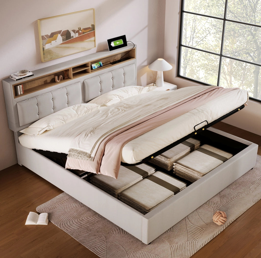 LETTO Contenitore 140x200 cm in lino beige con testiera regolabile e USB