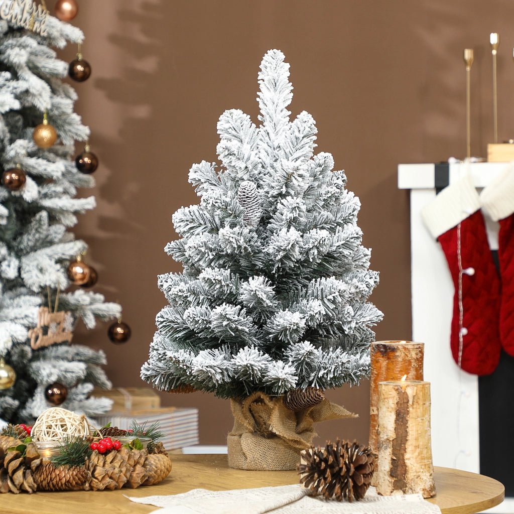 Mini Albero di Natale Artificiale 60 cm Innevato con 72 Rami e 6 Pigne Base in Cemento Decorazione Natalizia da Tavolo per Casa