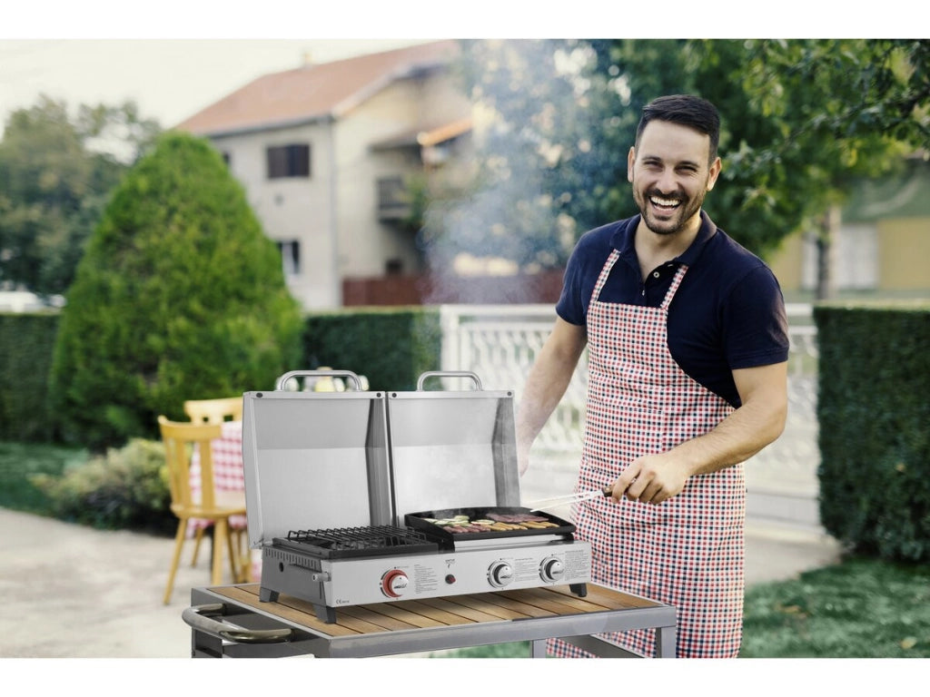 Barbecue a gas con griglia e piastra "Flamo" - 3 bruciatori - Grigio