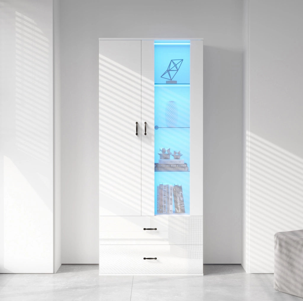 Vetrina 59,5x35x182 cm con LED Bluetooth, 2 ante e 2 cassetti bianca