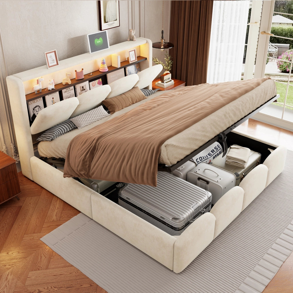Letto matrimoniale imbottito 140 × 200 cm con contenitore idraulico velluto beige USB e Type-C LED