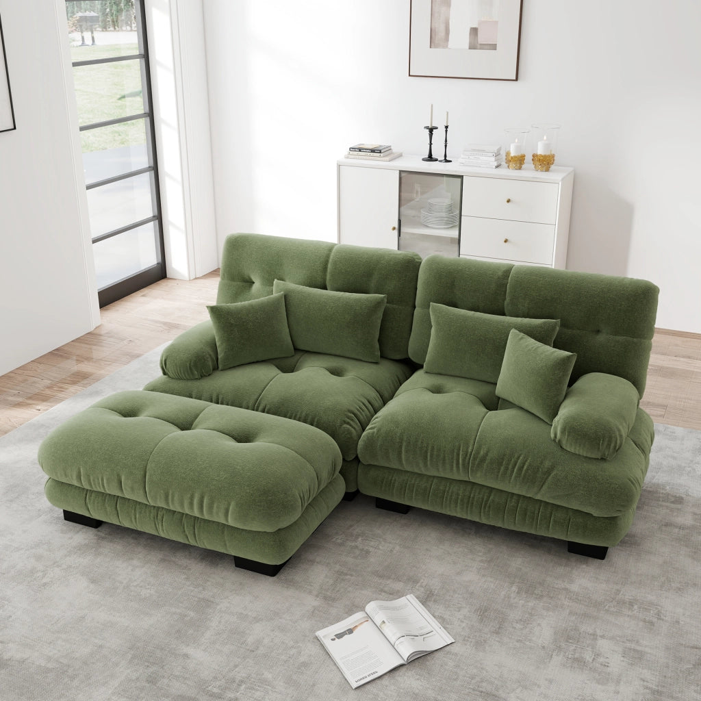 Divano Angolare in Tessuto Chenille ¨C Xylo ¨C Verde, Cuscini, Ottoman, Braccioli