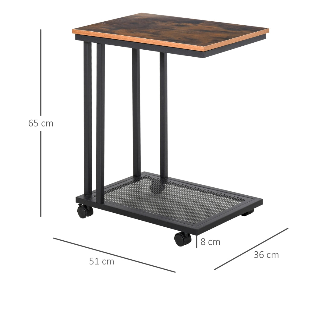 Tavolino laterale 51x36x65 cm a C con ruote e ripiano in MDF nero