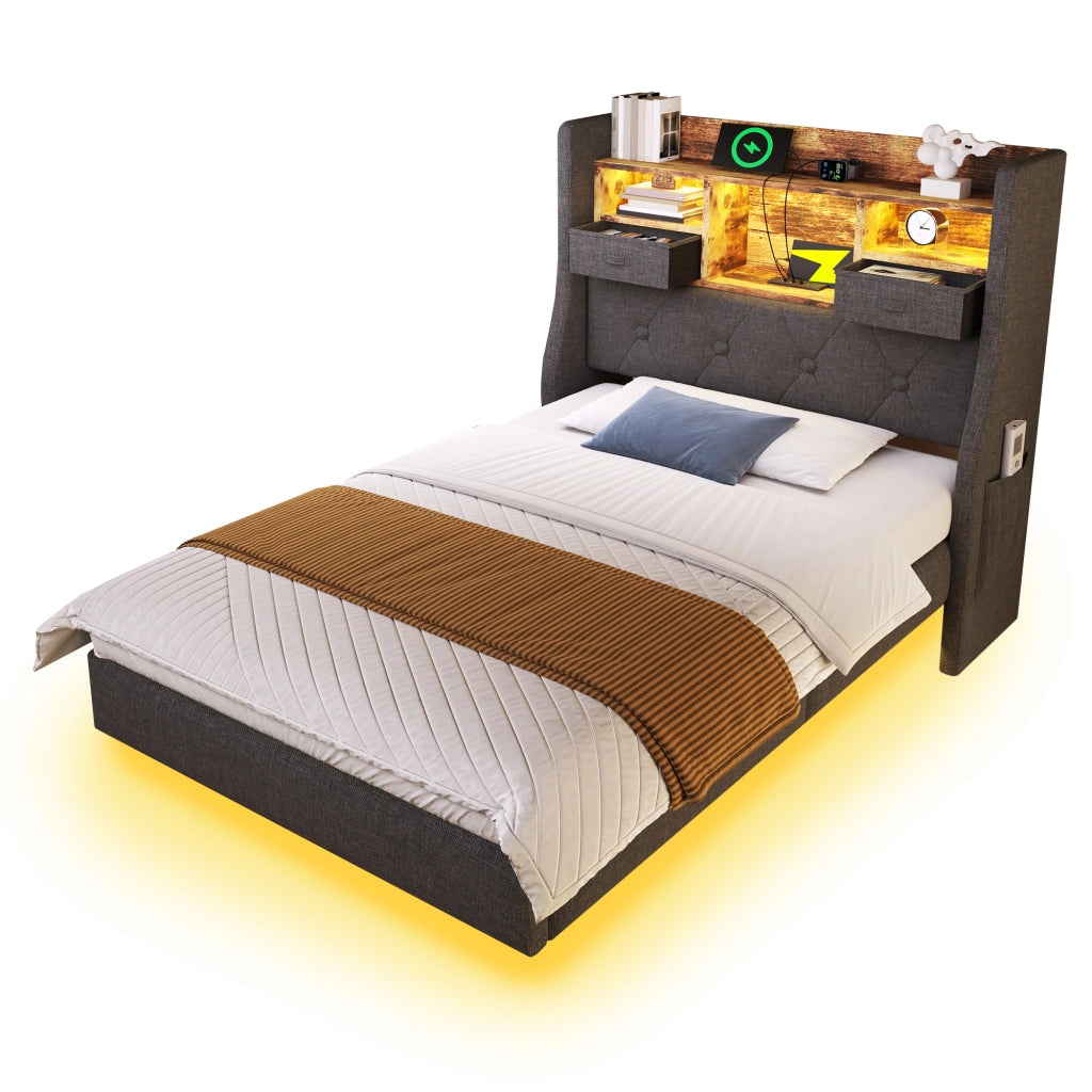 Letto singolo 90x200 cm con illuminazione LED; testiera contenitore; lino grigio e prese USB