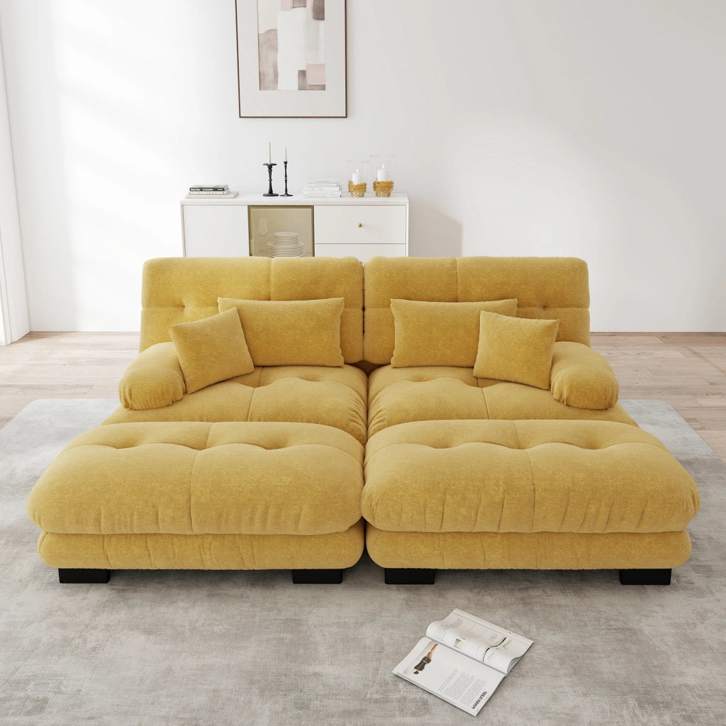 Divano Angolare Chenille 4 Posti con Ottomane e Cuscini ¨C Xylo ¨C Giallo