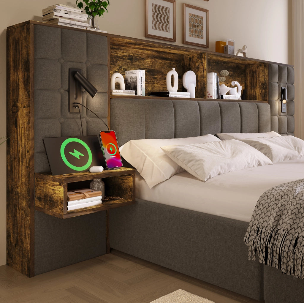 Letto 160x200 in lino con contenitore; lampade; comodini e USB Type-C; grigio