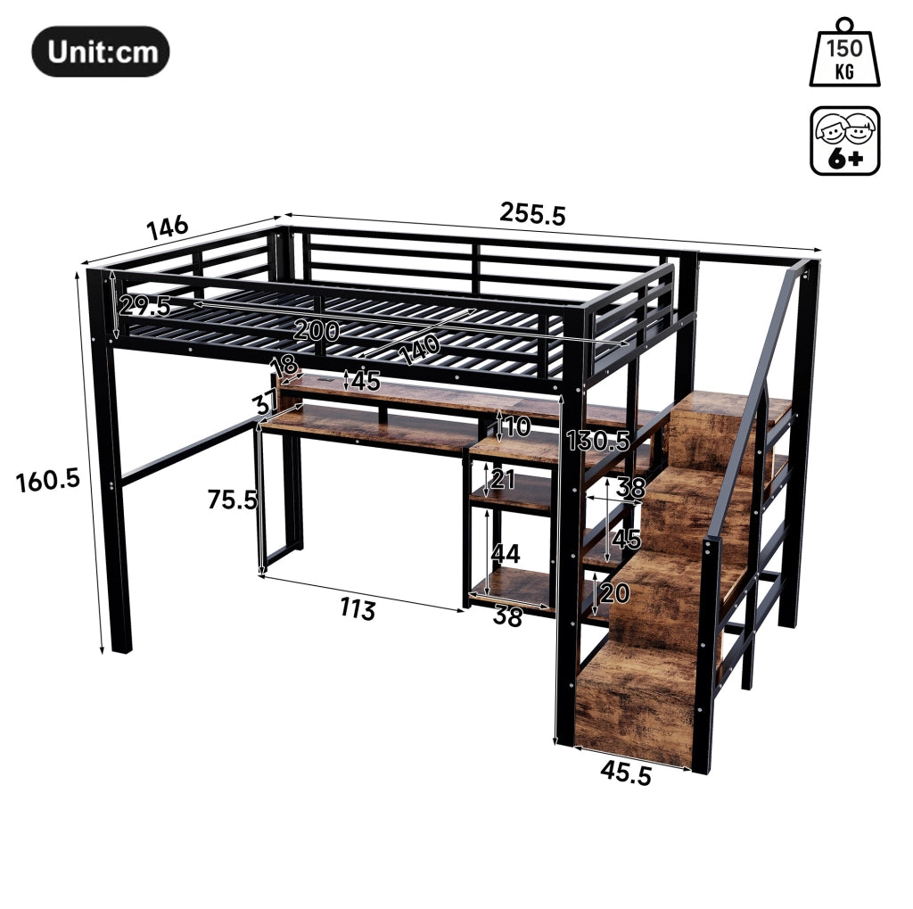Letto a soppalco 140x200 cm in metallo e MDF; con scala contenitore; LED e USB; nero
