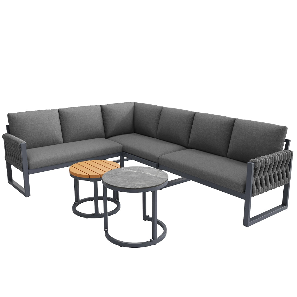 Set lounge da giardino modulare grigio con 2 tavolini regolabili e cuscini sfoderabili in olefina