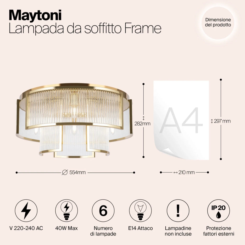 Plafoniera Moderna Frame 6 Luci E14 60W Metallo Oro Ip20