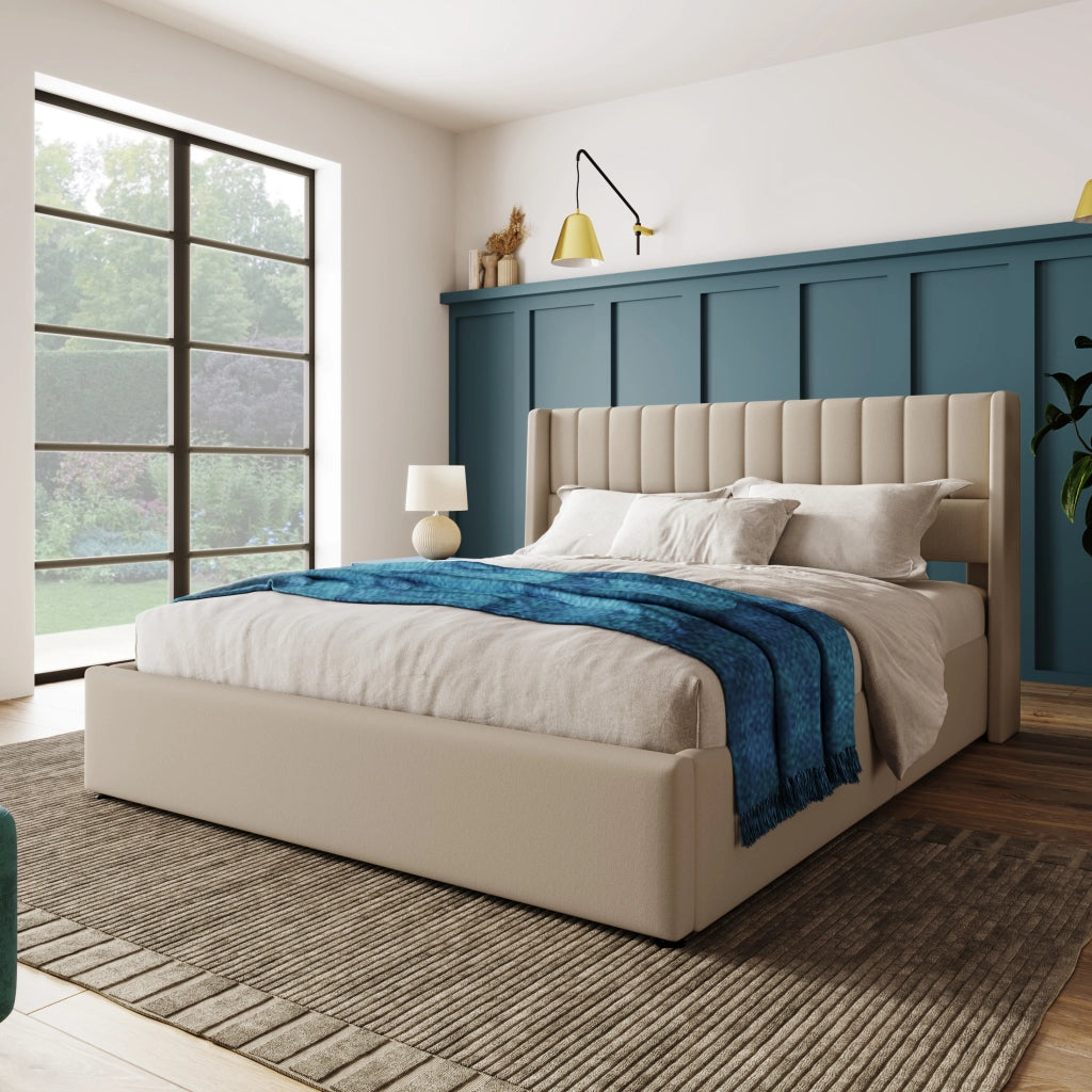 Letto contenitore 140x200 cm imbottito in lino beige