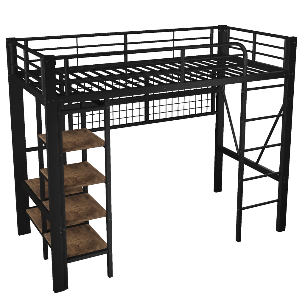 Letto per bambini a soppalco 90x200 cm con LED; ripiani e rete appendiabiti; metallo e MDF nero