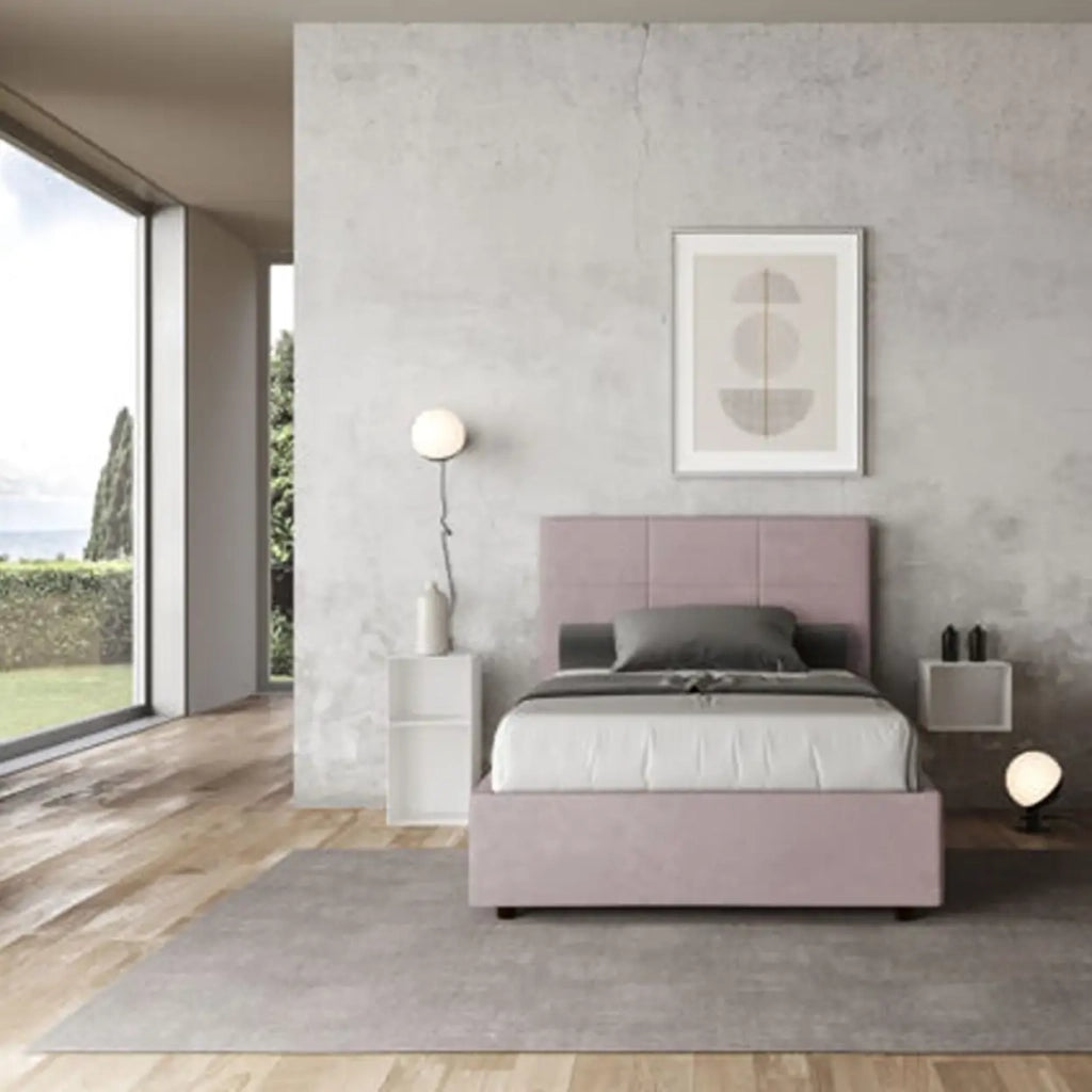Letto una piazza e mezza contenitore imbottito 120x200 microfibra glicine Mika