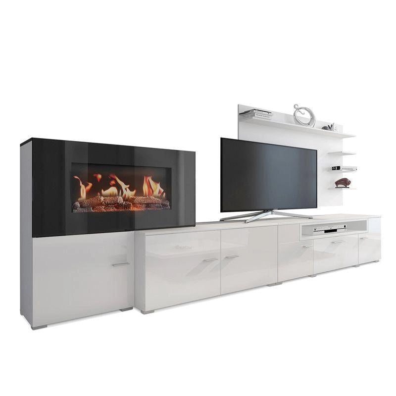 Mobili da soggiorno, camino elettrico a 5 livelli di fiamme, Bianco Opaco e Laccato Bianco Chiaro, 290x45x170cm  RF3663