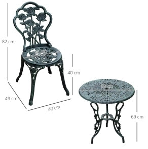 Set da bistro 3 pezzi in alluminio pressofuso verniciato verde antico per balcone e terrazza