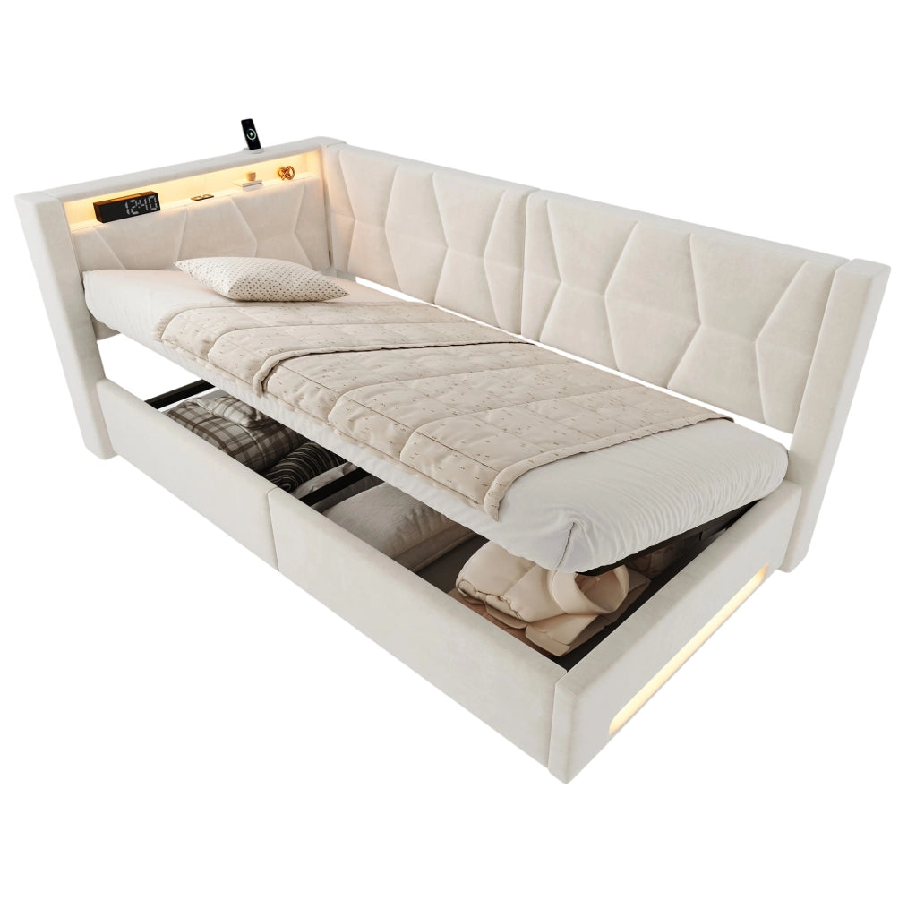 Letto imbottito 90x200 cm con contenitore, LED, USB e Type-C, velluto beige